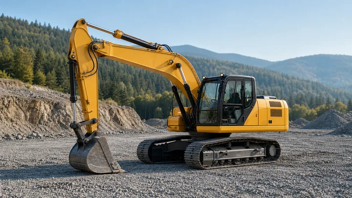 Yellow tracked excavator at a mountain worksite